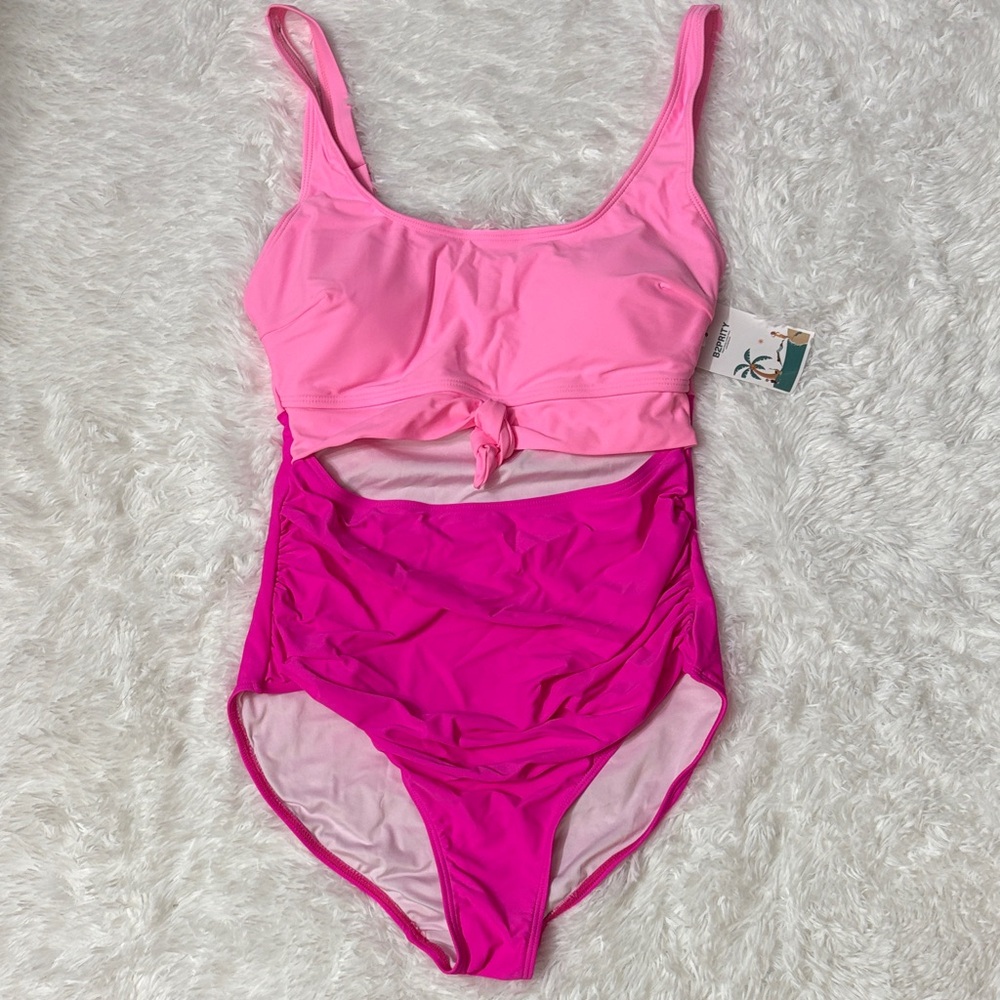NWT B2Prity Pink Knot Front Cut Out One Piece Swimsuit Size M